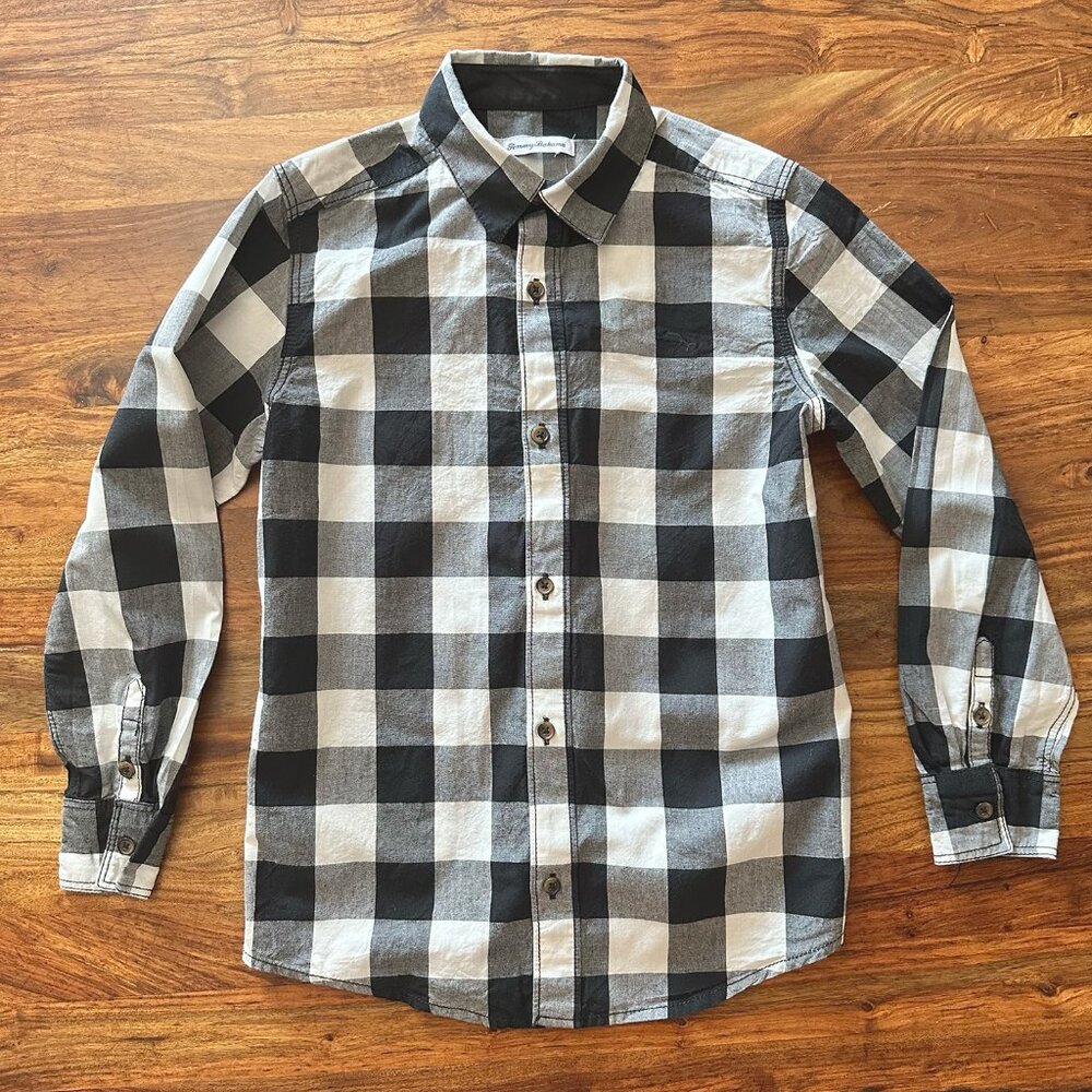 Tommy Bahama, Black/ White Plaid Button Down Shirt, Boys Size Small